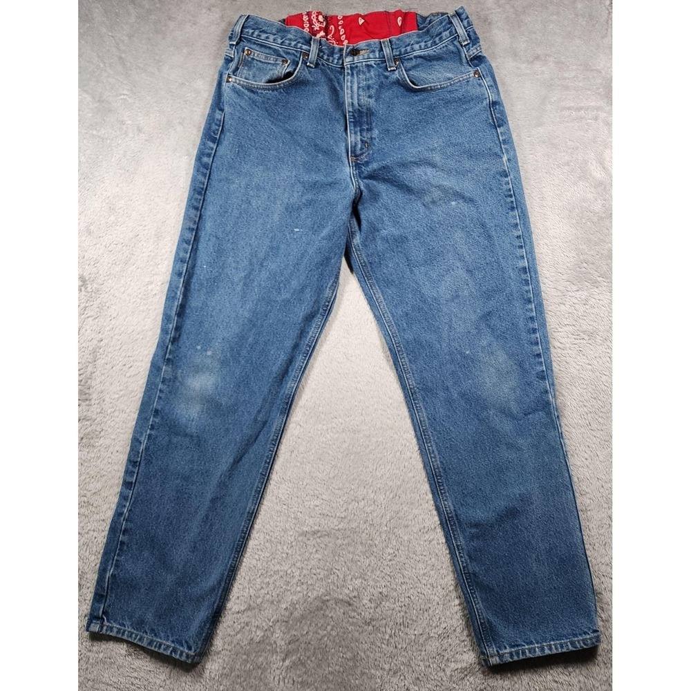 Carhartt Relaxed Tapered Jeans Mens 34x30 Blue Medium Wash Upcycled Handkerchief